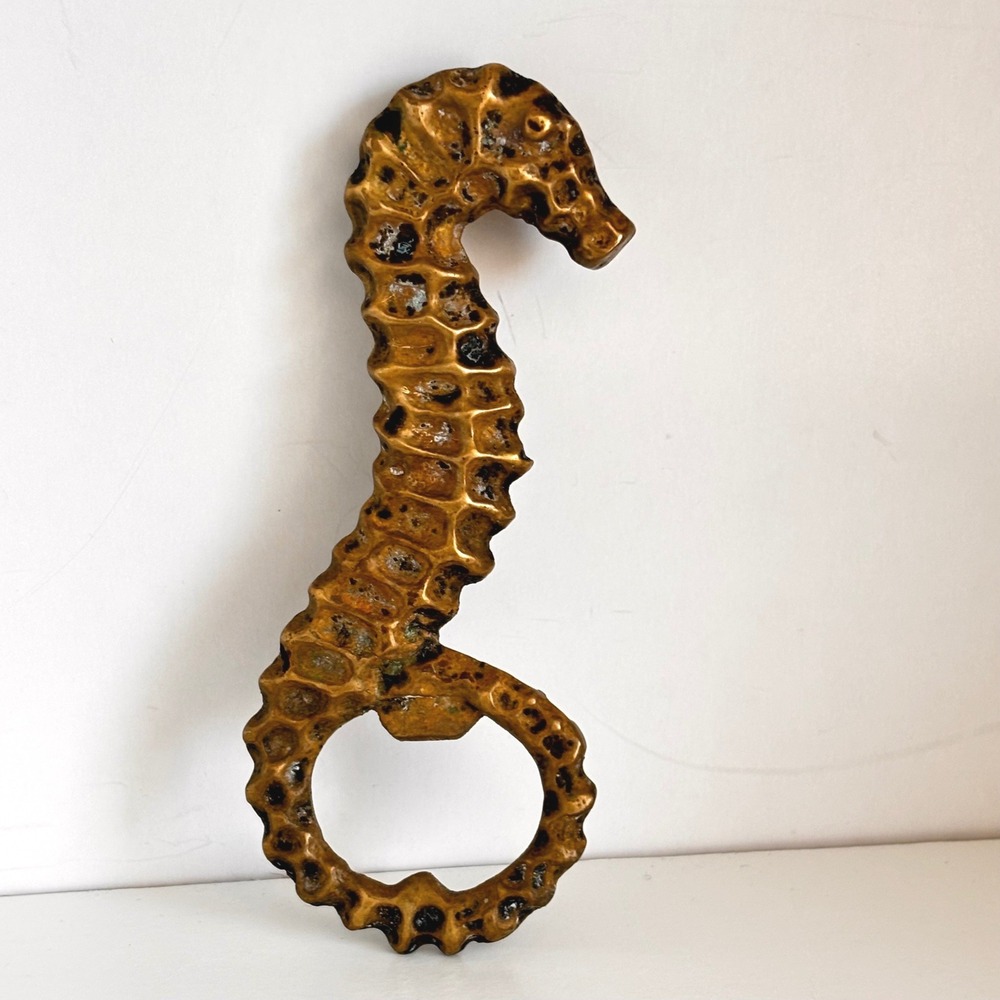 Vintage Brass Seahorse Bottle Opener 4" Nautical Coastal Barware